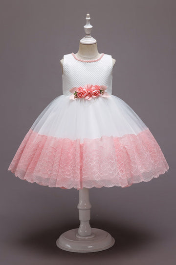 Rosa Sem Mangas Flor Tule Vestido de Menina Com Arco